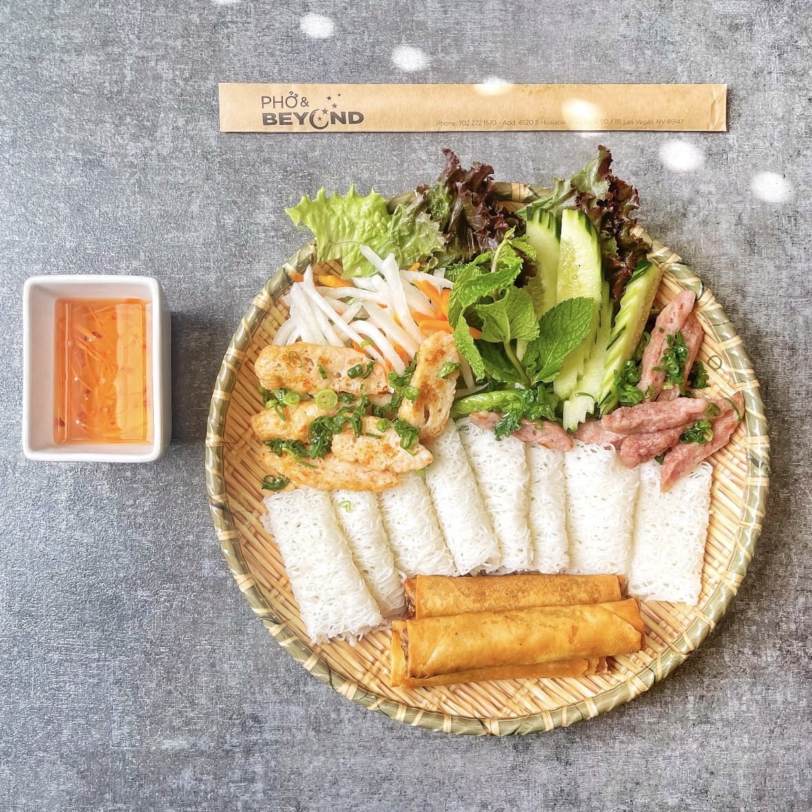 S3. Woven Vermicelli Sheet with Egg Roll, Shrimp Patty, Grilled Pork – Bánh Chả Tôm, Chả Giò, Nem Nướng